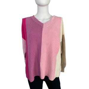 Dee Elly Sweater Womens Large Pink Colorblock V-Neck Pullover Chunky Knit Long